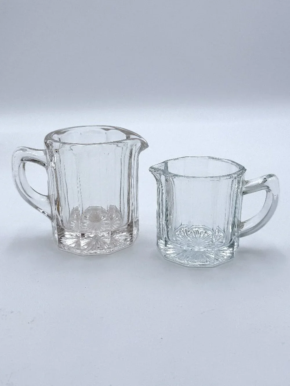 Pair - 2 Size Vintage Creamers Panel Sides Tinged‎ Light Lavender & Blue